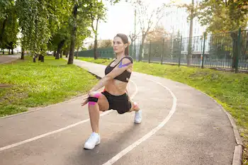 Flexible woman with kinesiotaping stretching in the park before a sprint