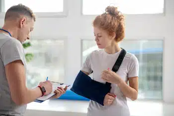 Male physiotherapist making notes in front of female patient with an arm sling