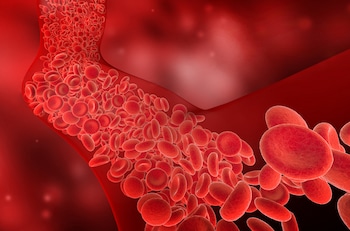 flow of red blood cells into the blood vessel