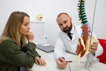 Doctor explaining what is neural decompression therapy to the woman