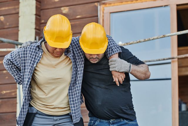 A construction worker clutching their lower back after a slip-and-fall accident.